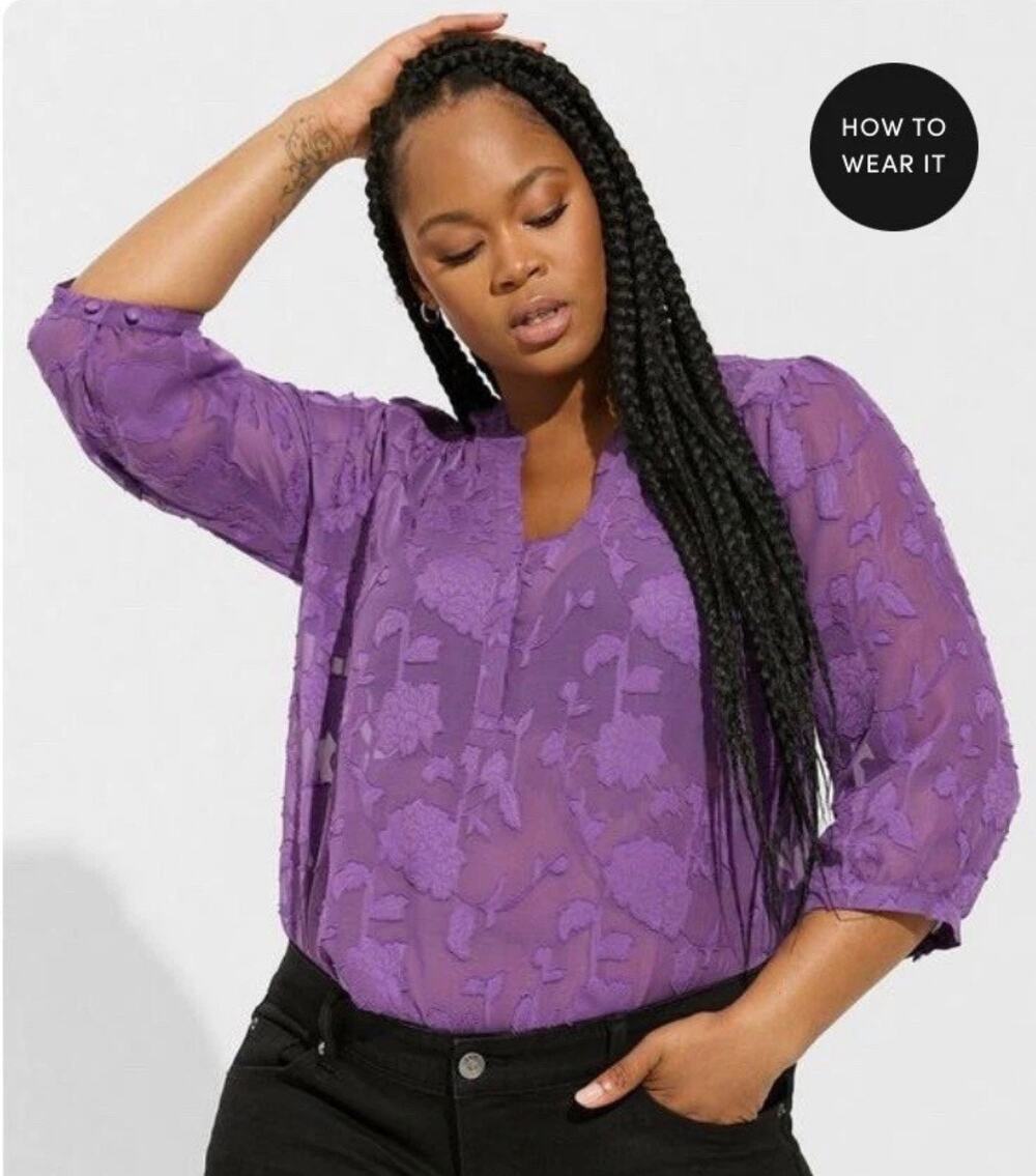 NEW Torrid Harper Clip Floral Chiffon Pullover 3/4 Sleeve Blouse Purple 2X Sheer